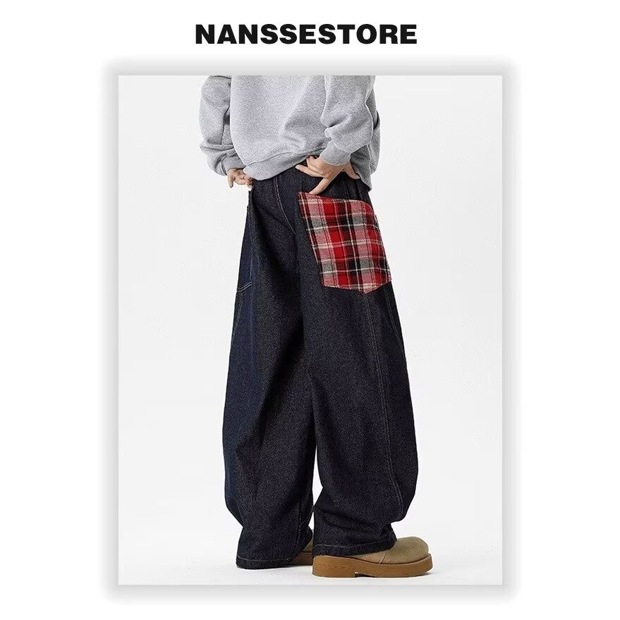 Design Sense Niche Plaid Patchwork Jeans สําหรับผู้ชายและผู้หญิง, Lazy And Relaxed กางเกงขากว้าง, กา