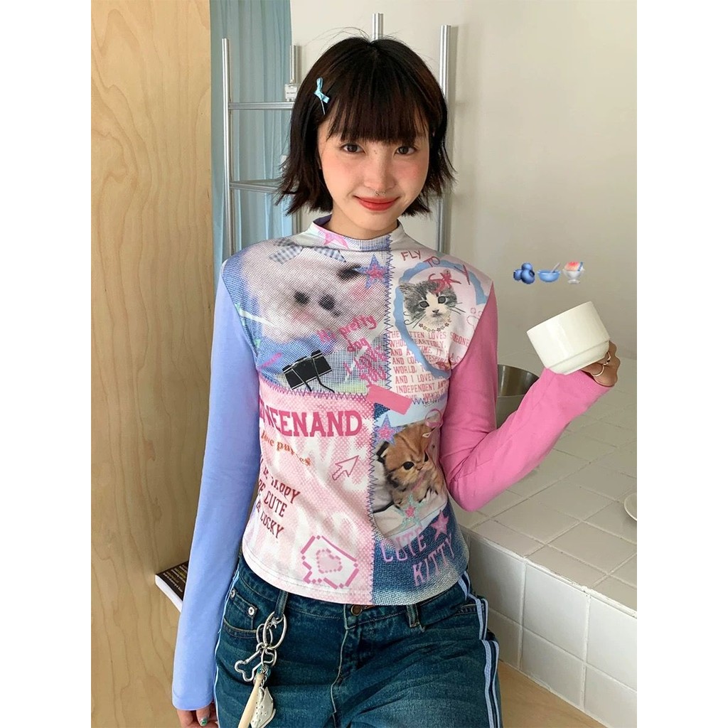 เสื้อยืดแขนยาวพิมพ์ลายไขว้ขนาดบวกสําหรับผู้ชายและผู้หญิงใหม่