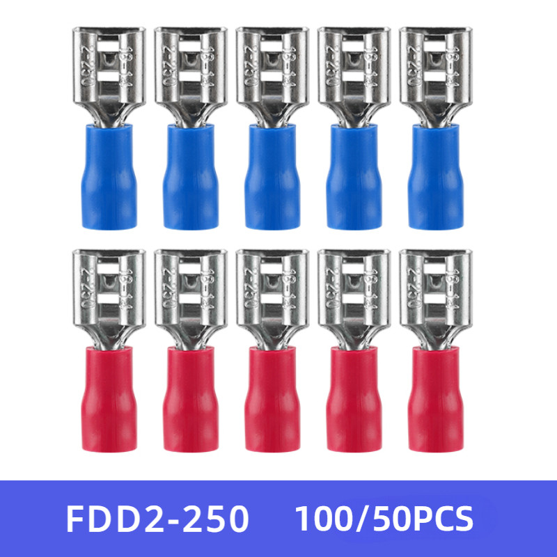 100/50pcs FDD2-250 FDD 6.3 มม.ฉนวนไฟฟ้า Crimp หญิง Terminal สําหรับ 1.5-2.5mm2 ตัวเชื่อมต่อสายเคเบิลขั้วต่อสายเคเบิล