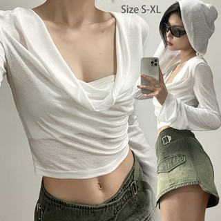 mimi&didi#เสื้อฮู้ดแขนยาวครอปผู้หญิง แฟชั่น คอวีฝรั่งเศส ทรง…