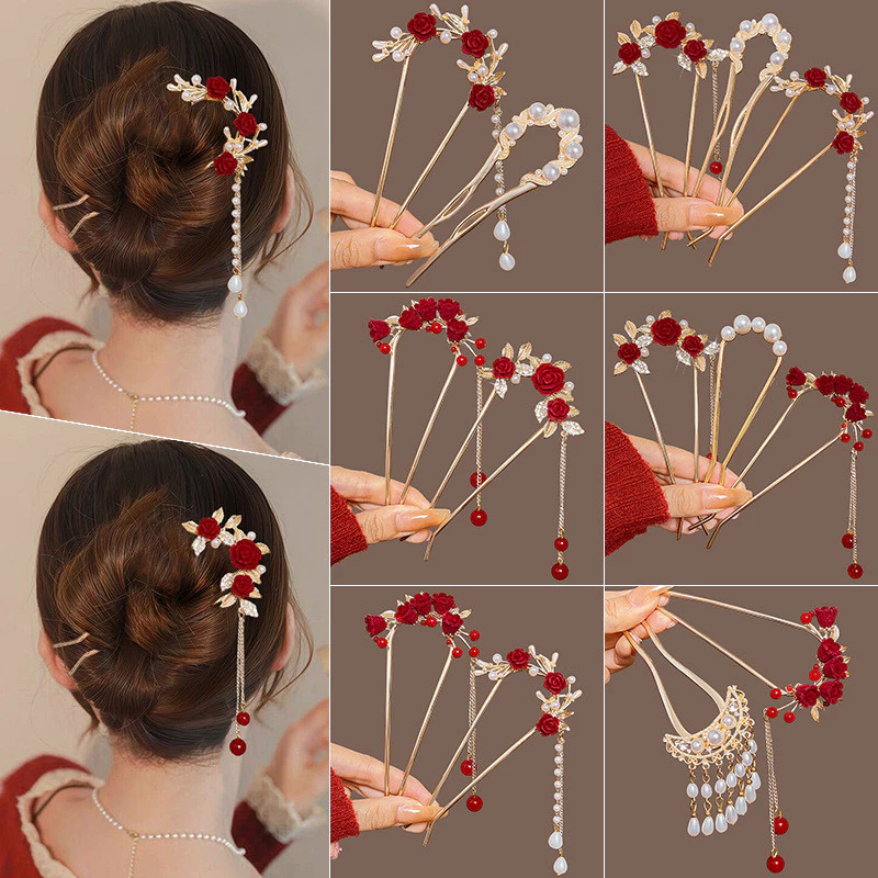 ใหม่สไตล์จีน Red Rose U-Shaped Hairpin หญิงกลับหัว Hairpin Handy เครื่องมือ Ball Hairpin ปีใหม่ Headdress