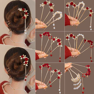 ใหม่สไตล์จีน Red Rose U-Shaped Hairpin หญิงกลับหัว Hairpin Handy เครื่องมือ Ball Hairpin ปีใหม่ Headdress