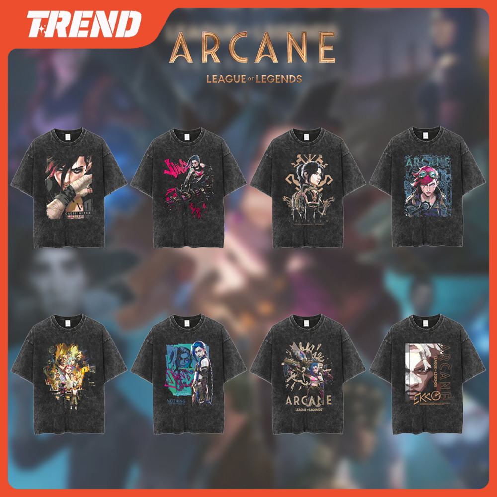 League OF LEGENDS ARCANE Merch ล้างผ้าฝ้ายเสื้อยืด Vintage Plus ขนาด JIDX EKKO VI CAITLYN อะนิเมะพิม