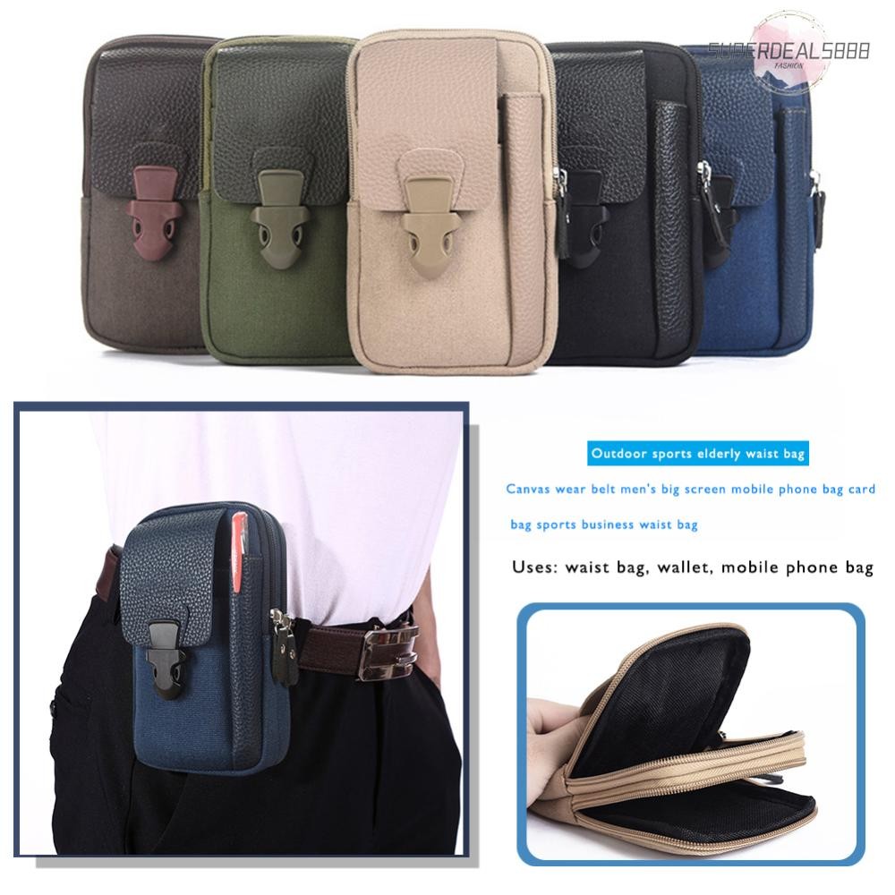 กระเป๋าคาดเอวกีฬากลางแจ้งสําหรับผู้ชาย Canvas Solid Business Belt กระเป๋าโทรศัพท์มือถือ [SuperDeals888.th]