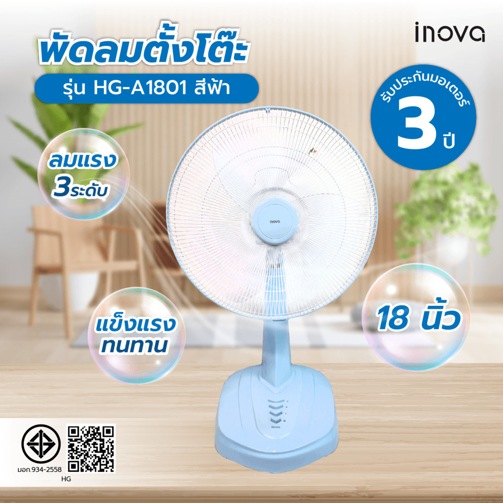 GlobalHouse INOVA พัดลมตั้งโต๊ะ 18 นิ้ว รุ่นHG-A1801 สีฟ้า สินค้าของแท้คุณภาพดี