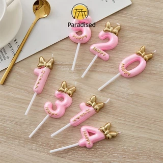 💕เทียนโบว์ สีชมพูน่ารัก เบอร์ 0-9 สําหรับตกแต่งเค้กวันเกิดParadised