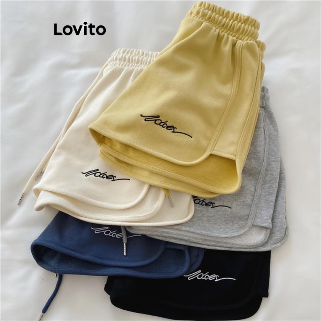 Lovito กางเกงกีฬาขาสั้นผู้หญิง ปักลายตัวอักษร ผูกเชือก สไตล์สปอร์ต LNL59180