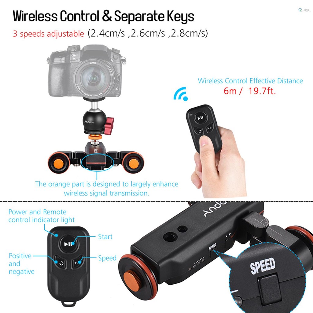 Andoer กล้องวิดีโอ Dolly Slider ชุด 3 ล้อ Auto Dolly รถ 3 ความเร็วปรับได้ + 60 ซม./23.6in รางกล้อง Slider + อะแดปเตอร์หัวบอลแบบยืดหยุ่นพร้อม Wirelss รีโมทคอนโทรล f