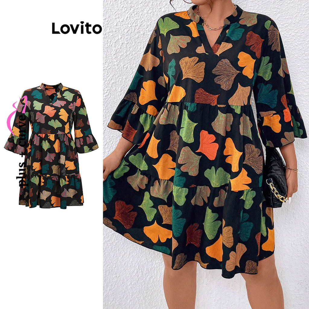 Lovito เดรสสาวอวบ ลายเรขาคณิต แต่งระบาย ระบายหลายชั้น สไตล์ลำลอง LBL14378