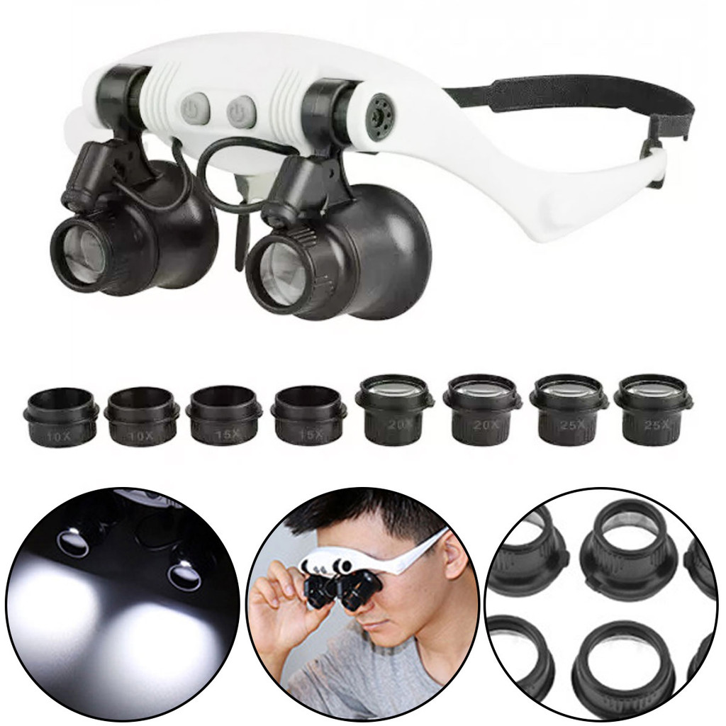 แว่นขยาย 10X 15X 20X 25X 2LED โคมไฟหัว Loupe Jeweler แถบคาดศีรษะแว่นขยายแว่นตา Eye Glass เครื่องมือซ่อม