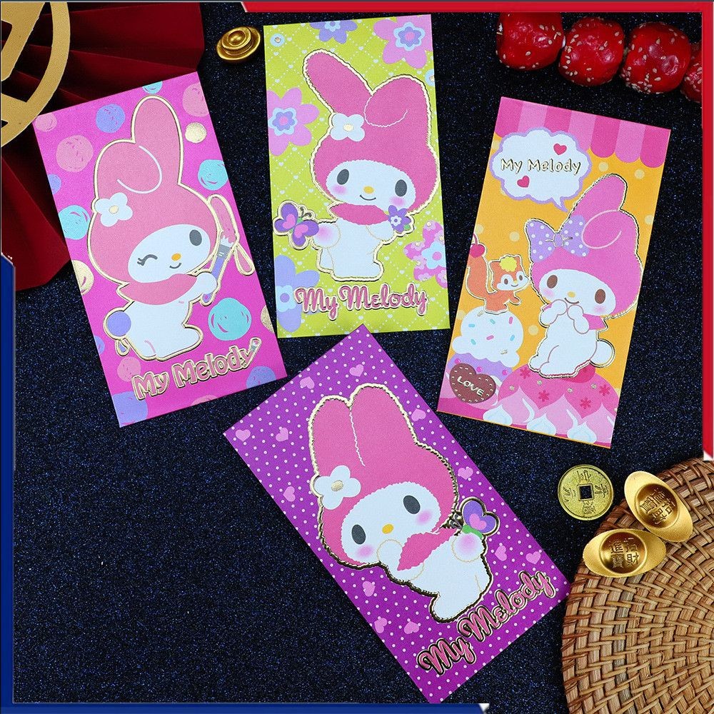 6 ชิ้น Sanrio HelloKitty ปีใหม่ซองจดหมายสีแดงน่ารักแอนิเมชั่นเทศกาลฤดูใบไม้ผลิซองจดหมายสีแดงเด็กถุงเงินโชคดีของขวัญ