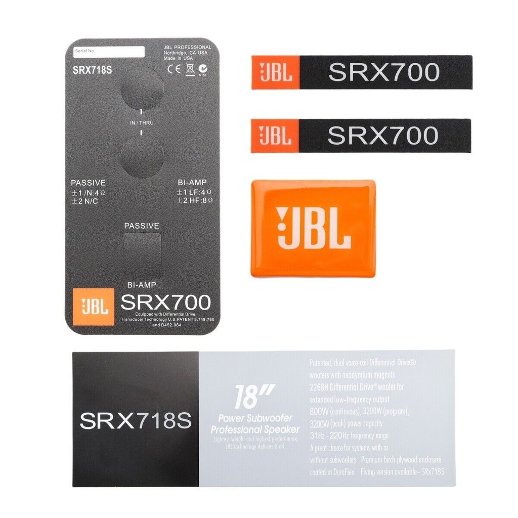 One set JBL SRX718S SRX700 โลโก้ป้ายเปลี่ยนชิ้นสติ๊กเกอร์พีวีซี