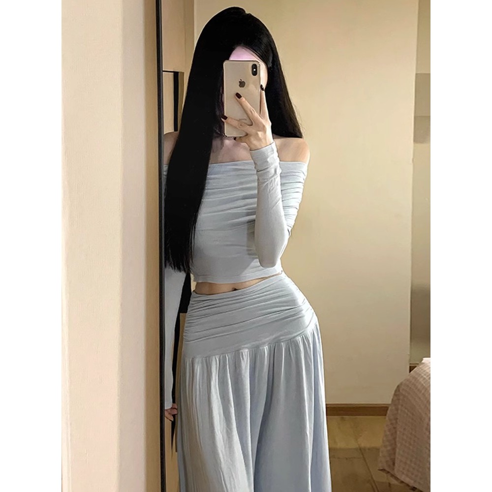 สุภาพสตรีฤดูร้อนใหม่ผู้หญิงด้านบนเกาหลีผูกไหล่แสดงผอมกางเกงเอวสูงขากว้างความปรารถนาบริสุทธิ์