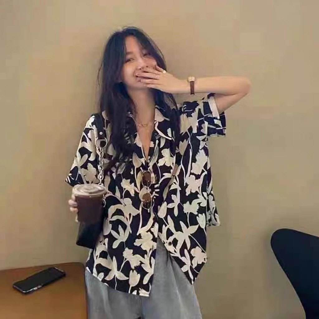 เสื้อเชิ้ตฮาวาย แขนสั้น ลายดอก ผ้าไหมอิตาลี สไตล์เกาหลี