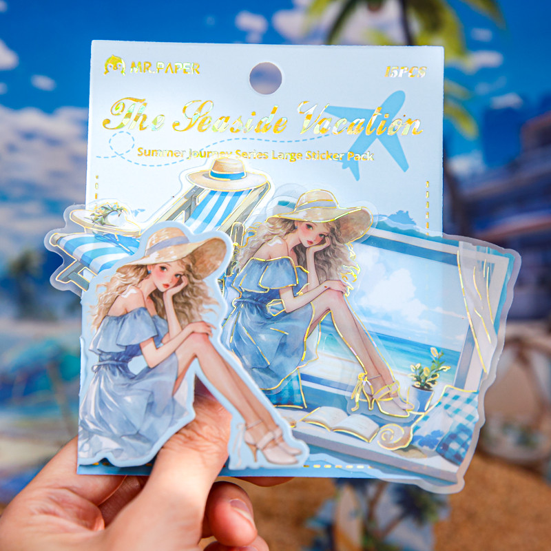 กระดาษ Mr. Paper 30 ชิ้น/ถุง สติ๊กเกอร์กันน้ำ PET ขนาดใหญ่ แพ็คสติ๊กเกอร์ฤดูร้อน ชายหาด ธีมวันหยุดริมทะเล รูปแบบตัวละครสาว สติ๊กเกอร์ไดอารี่ การ์ดอวยพรสร้างสรรค์ ถ้วยไดอารี่ตกแต่ง
