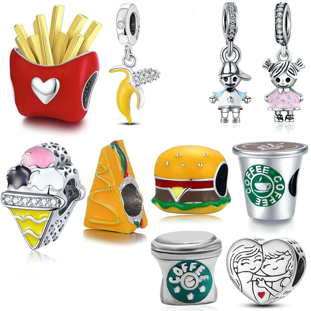 925 Silver Lock Charm มันเทศ French Fries เครื่องประดับกาแฟเด็กผู้หญิง