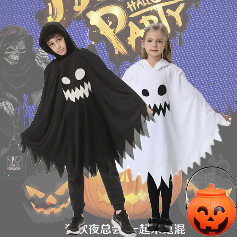 ปาร์ตี้ฮาโลวีนคอสเพลย์เครื่องแต่งกายสําหรับสาวเด็กสีขาวสีดํา Luminous Ghost Luminous Face Cape ผ้าคล
