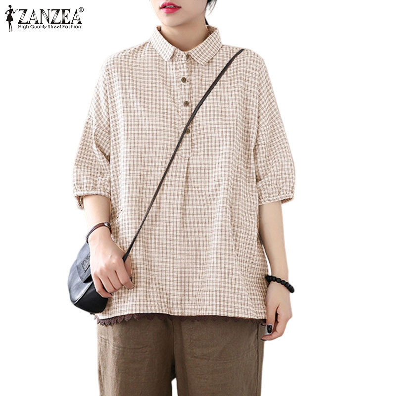 ZANZEA ใส่ ซานเซีย ผู้หญิงเกาหลีผ้าฝ้ายแขนสั้นลายสก๊อตลูกไม้เย็บปะติดปะต่อกันเสื้อ