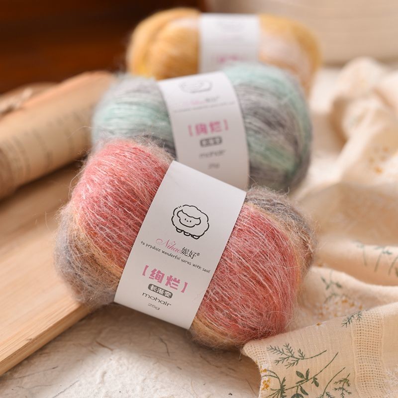 [ตัวเลือกสีสันสดใส] Segment Dyed Gradient Mohair 25g/Group Lace Flower Scarf Shawl Thread Hand-Knitted DIY