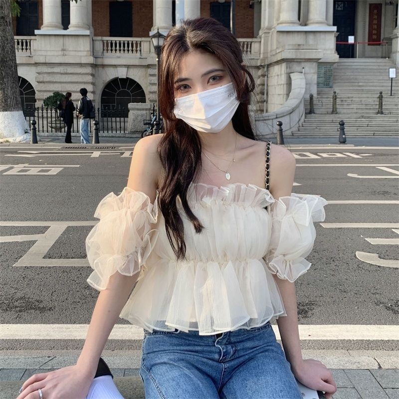 LINNA~สีทึบ แขนสั้น ปลอกคอสแควร์ เปิดไหล่ เสื้อเชิ้ต สไตล์หวาน สไตล์ใหม่ เวอร์ชั่นเกาหลี