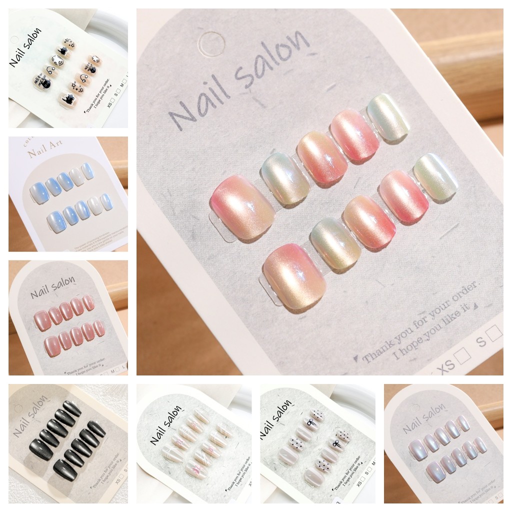 ทําด้วยมือกดบนเล็บ 10 ชิ้นภาพวาดหมึกสไตล์ Cat Eye Design เล็บปลอมพร้อมเจลเยลลี่