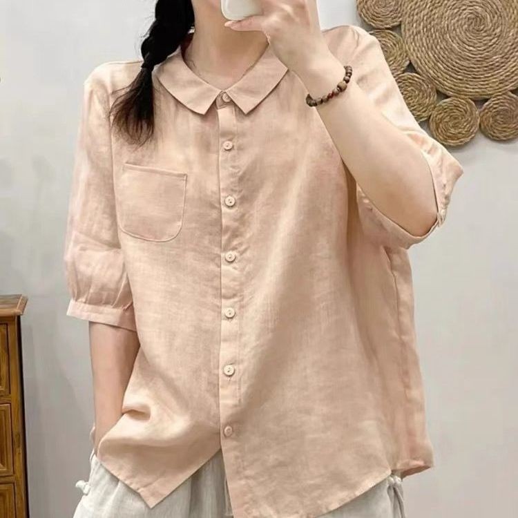 ซีพี ปกผ้าฝ้ายผ้าลินินเสื้อผู้หญิงฤดูร้อนสไตล์ใหม่ที่เรียบง่ายสีทึบด้านบนพร็อพร้อยทาวเวอร์สบายๆหลวมวรรณกรรมแขนสั้น