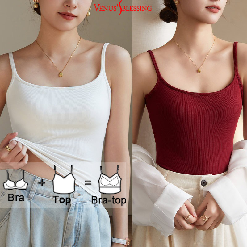 ( Ready Stock ) 2-in-1 ยางไหล่ข้างเดียวสีขาว เสื้อชั้นในสตรี ผู้หญิงที่มีแผ่นหน้าอกถ้วยคงที่บางสายคล้องไหล่ด้านบน