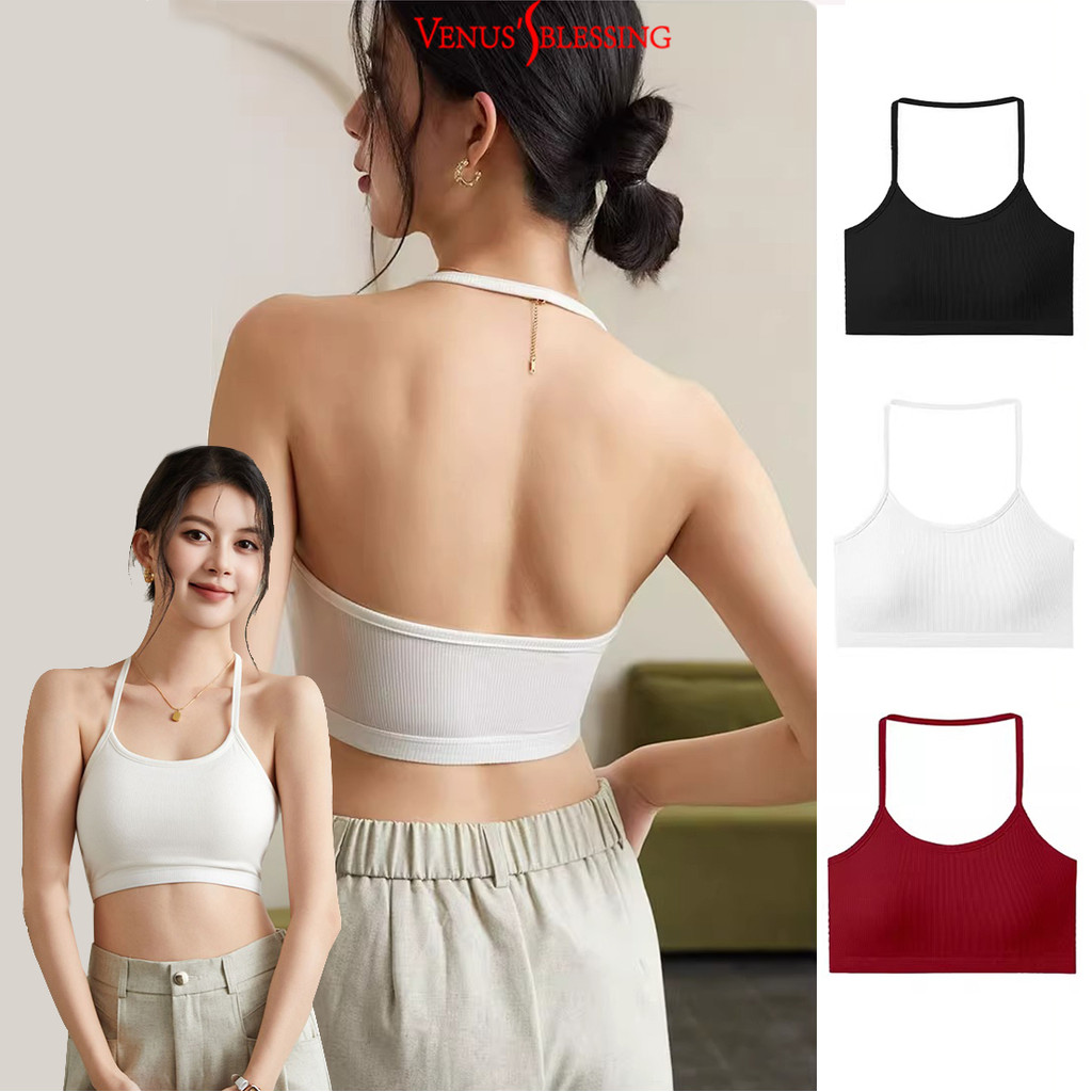 ( Ready Stock ) 2-in-1 Vintage Ribbed Halter Top ผู้หญิงพร้อมแผ่นรองหน้าอก Off-the-shoulder Top สําหรับสาว Tube Top