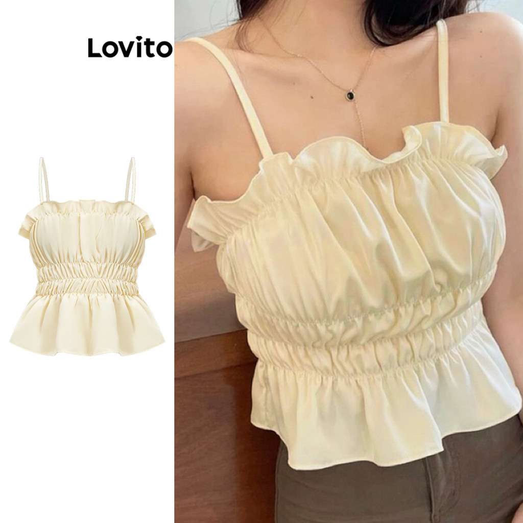 Lovito เสื้อกล้ามจีบเรียบน่ารักสำหรับผู้หญิง L110AD036