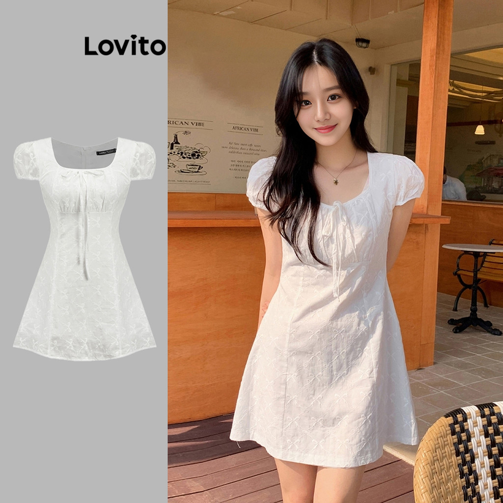 Lovito เดรสผู้หญิง ผูกหน้า สีพื้น สไตล์น่ารัก L90AD187