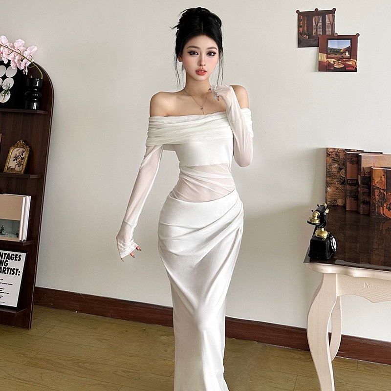 แปลก Puss ตาข่าย Slash-คอชุด Skinny Patchwork Hollow Out ไม่สม่ําเสมอแขนยาวรูปเอว Hip-Covering Casua