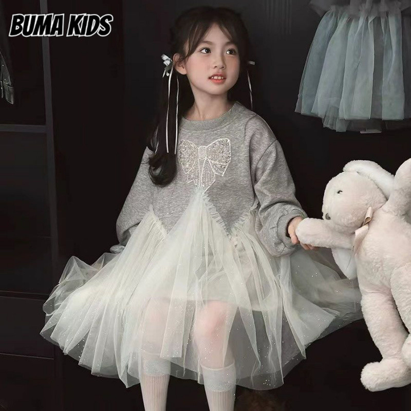 BUMA KIDS เดรสแขนยาวโบว์แฟชั่นสำหรับเด็กกระโปรงตาข่ายลำลองอเนกประสงค์สำหรับเด็ก