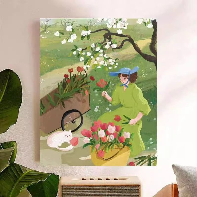 30x40x0.9 ซม. ฤดูใบไม้ผลิสาวแมวทิวลิปเชอร์รี่ ศิลปะตกแต่งผนัง โปสเตอร์นอร์ดิก สําหรับห้องนั่งเล่น ห้องนอน