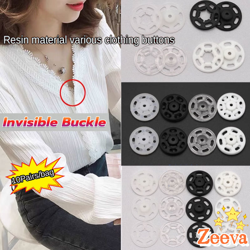 Zeeva【มีสินค้าในสต๊อก】 10คู่ กระดุมแป๊กพลาสติก สีดำ สีขาว สีใสแบบเย็บ 10mm 15mm กระดุมแป๊กพลาสติกสีดำ Invisible button