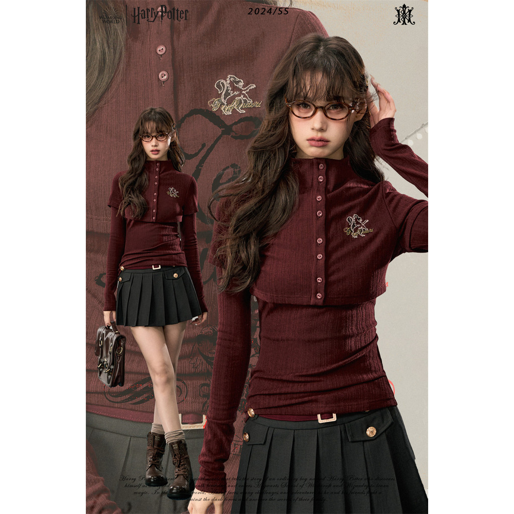 【Kyouko】Harry Potter genuine cape design fake two-piece long-sleeved T-shirt top เสื้อแขนยาวทรงผ้าคลุมติดกันสองชิ้น