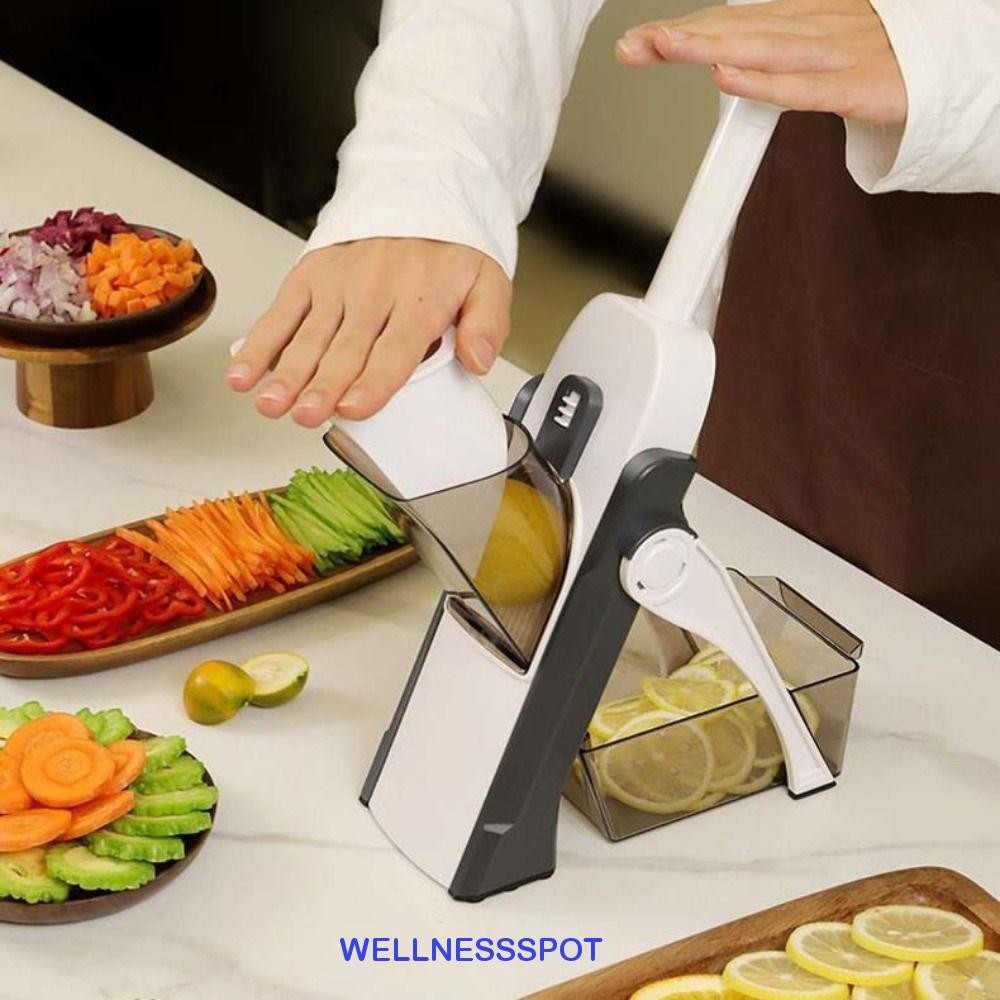 Wellnessspot เครื่องบดสับผัก, เครื่องตัดผักแนวตั้ง 5 in 1, เครื่องตัดอาหารปรับความหนาฐานกันลื่นคู่มือผักสลัด