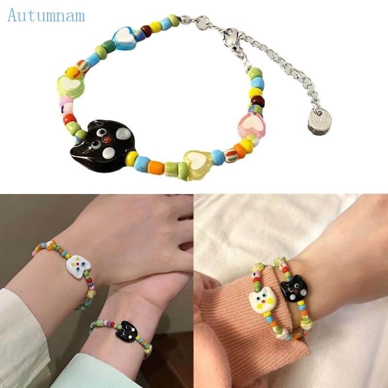 ออตู น่ารักการ์ตูนแมวสร้อยข้อมือลูกอมสีแก้วการ์ตูนสัตว์ลูกปัดสร้อยข้อมือวันเกิดหญิงผู้หญิงเครื่องประดับที่ทําด้วยมือ