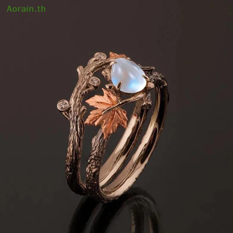 # Anth แฟชั่น # Vintage Antique Gold Twig le Leaf Moonstone แหวนสําหรับผู้หญิงสาวแหวนแสงเครื่องประดับอุปกรณ์เสริมของขวัญวันครบรอบ