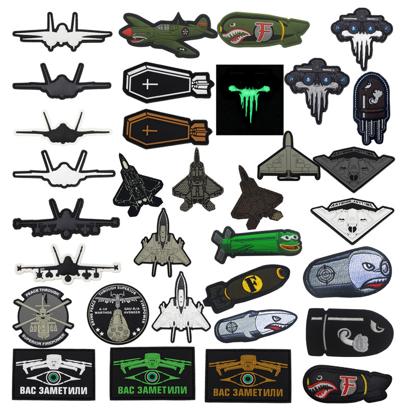 อุปกรณ์เสริมกระเป๋ากลางแจ้งปักสติกเกอร์ผ้ารัสเซีย Fbome Flying Shark ขีปนาวุธเฮลิคอปเตอร์ Morale Badge Combat Drone Flyer Fighter Series PVC ยางนุ่ม Luminous Velcro Armband
