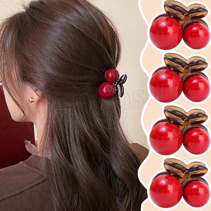 [ แนะนํา] Ankela Red Cherry Hair Claw - Sweet Girls Headwear - กิ๊บติดผมผู้หญิงเกาหลี - เครื่องประดับผมพลาสติก - คลิปคว้าผมหางม้าสูง - เครื่องมือจัดแต่งทรงผมแฟชั่น