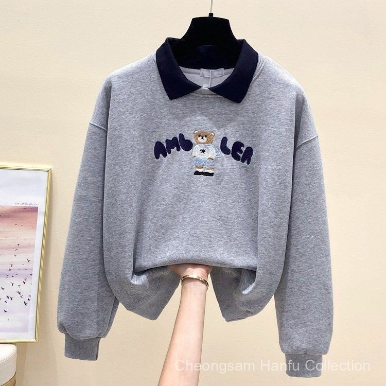 ฤดูใบไม้ร่วงใหม่ผู้หญิงเสื้อโปโลคอปก,หมีพิมพ์หลวมLapel Casual Age-Reduction Top