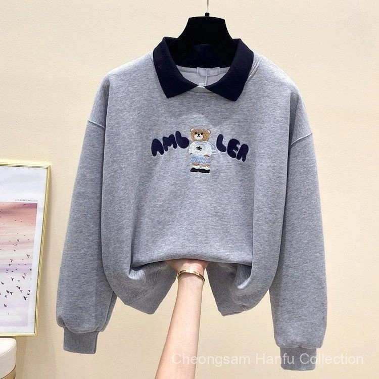 Local shipping ฤดูใบไม้ร่วงใหม่ผู้หญิงเสื้อโปโลคอปก,หมีพิมพ์หลวมLapel Casual Age-Reduction Top