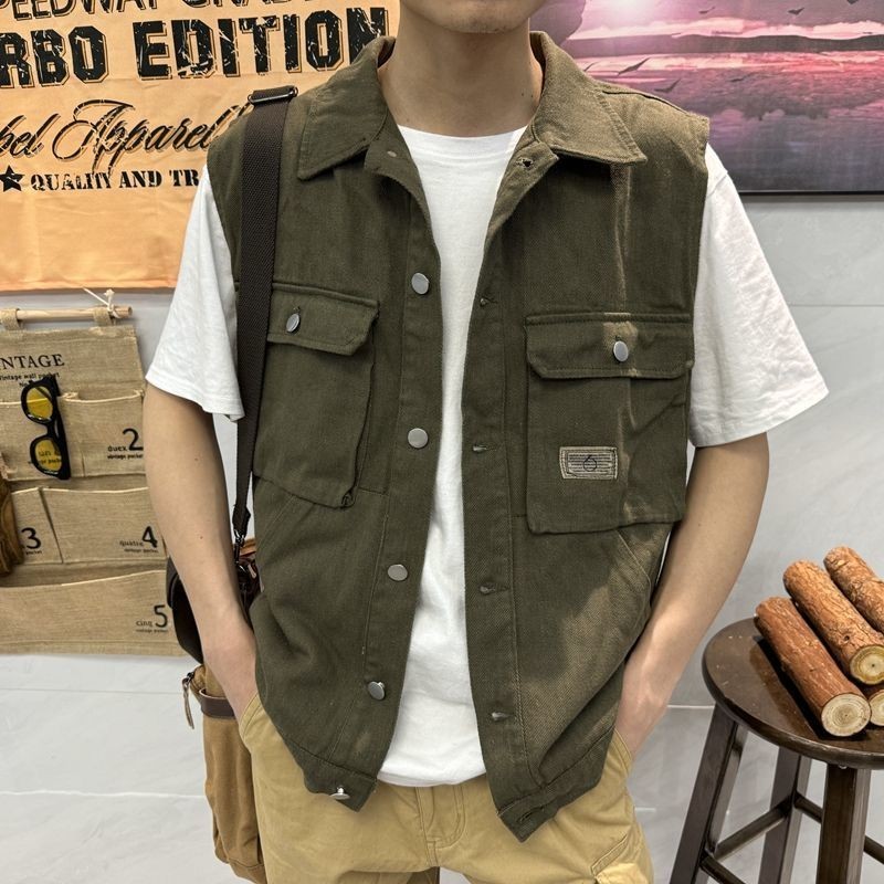 เสื้อกล้ามผ้าแคนวาสสไตล์วินเทจสไตล์อเมริกันสำหรับผู้ชายเสื้อแจ็คเก็ตเสื้อกั๊กผู้ชายแบบหลวมใส่ได้หลายกระเป๋า