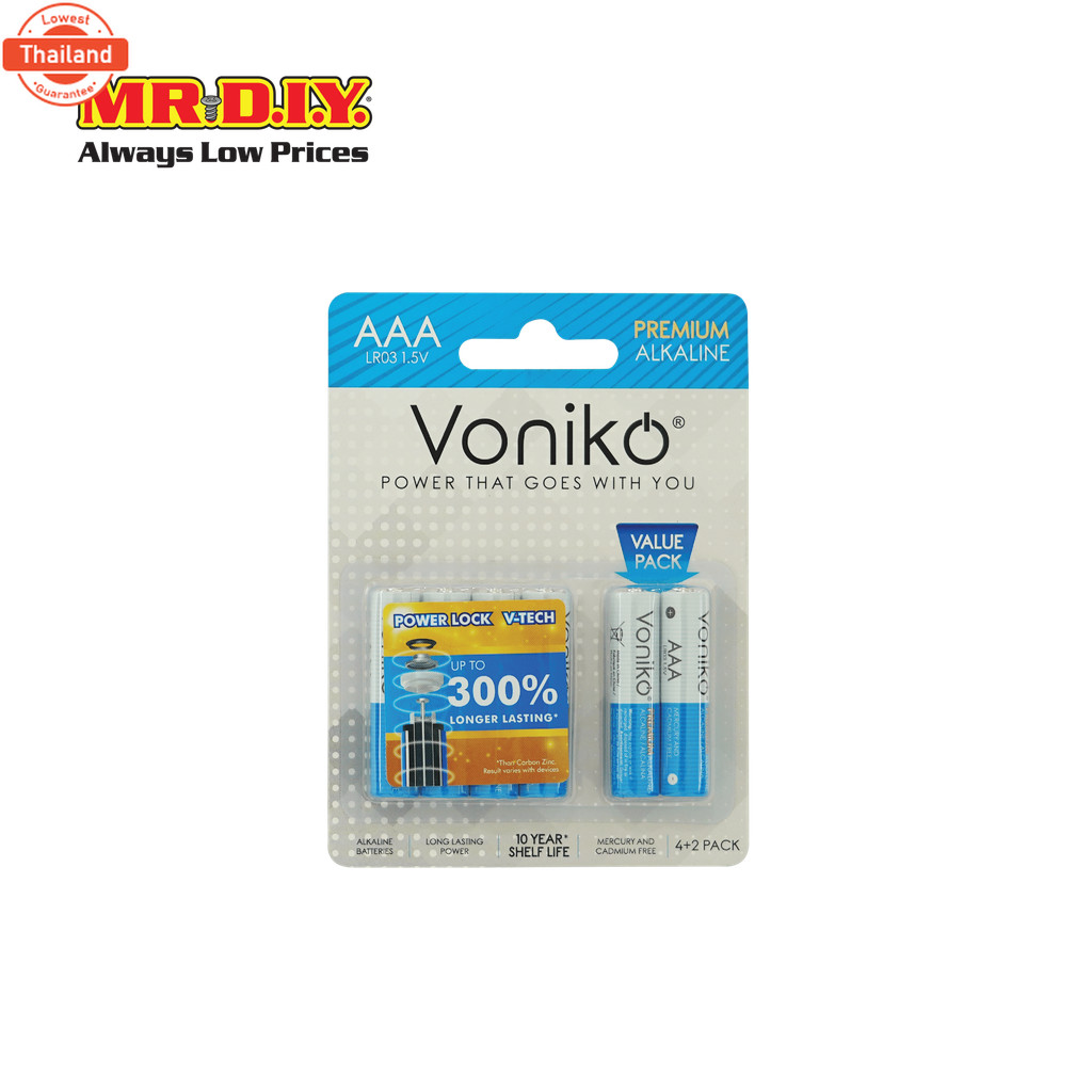 VONIKO ถ่านพรีเมี่ยมอัลคาไลน์ LR03 AAA 1.5 โวลต์ 4+2ก้อน/แพ็ก