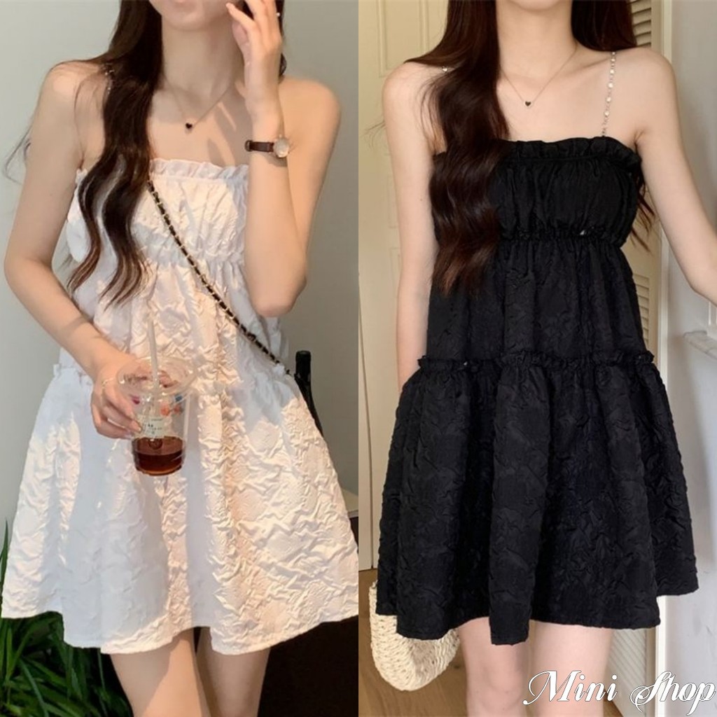Mini shop พร้อมส่ง มินิเดรสไหมพรม ทรงเจ้าหญิง เรียบหรูลายลูกไม้ เดรสปาดไหล่~60145~ -C