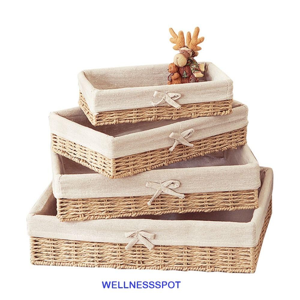 เวลเนสสกอตต์ ตะกร้าเก็บหวายแฮนด์เมด,สี่เหลี่ยมสไตล์ฝรั่งเศสกล่องเก็บเครื่องสําอาง,ถาดโรงแรมโบว์ประหยัดพื้นที่สไตล์โบฮีเมียนทอผ้าถาดเก็บขนมปัง