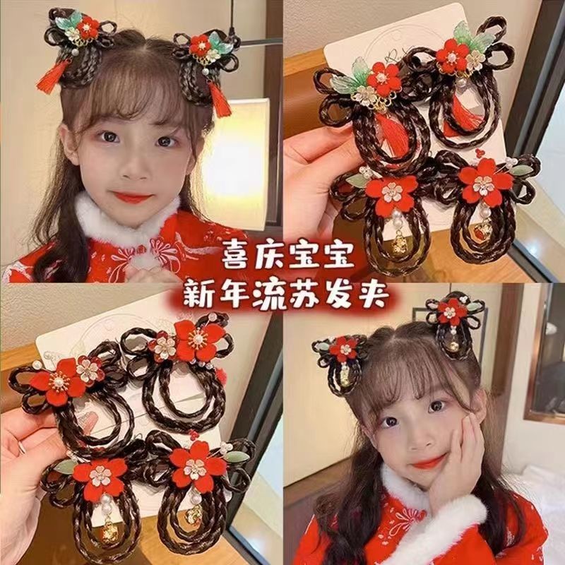 เด็กโบราณวิกผมกิ๊บถักเปียปีใหม่สีแดงเทศกาลสาวพู่อุปกรณ์ผม