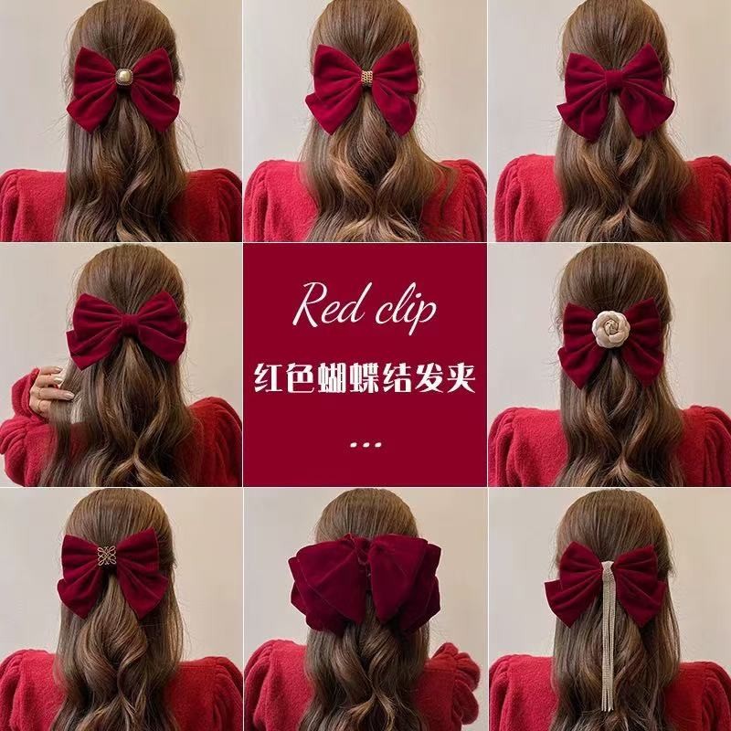 กิ๊บติดผมโบว์ขนาดใหญ่กํามะหยี่สีแดงสําหรับผู้หญิงเครื่องประดับผมครึ่งผูกด้านหลังศีรษะเครื่องประดับผมระดับไฮเอนด์สําหรับปีใหม่