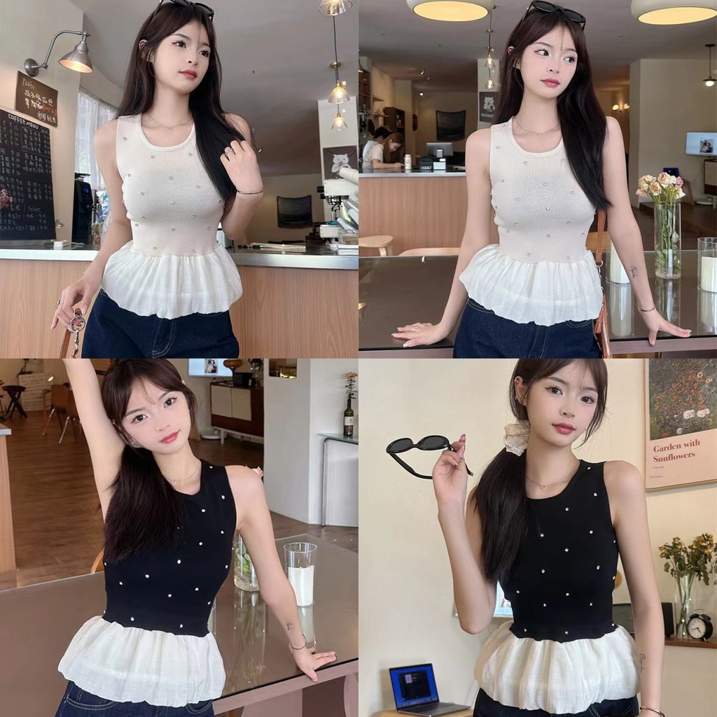 🍑Evelyn🍑​เสื้อกล้ามไหมพรม คอกลม เกาหลีน่ารักดีเทลแต่งปลายสีครีม เสื้อแขนกุด สไตล์เกาหลี ทรงสวย แฟชั่น#R27-1