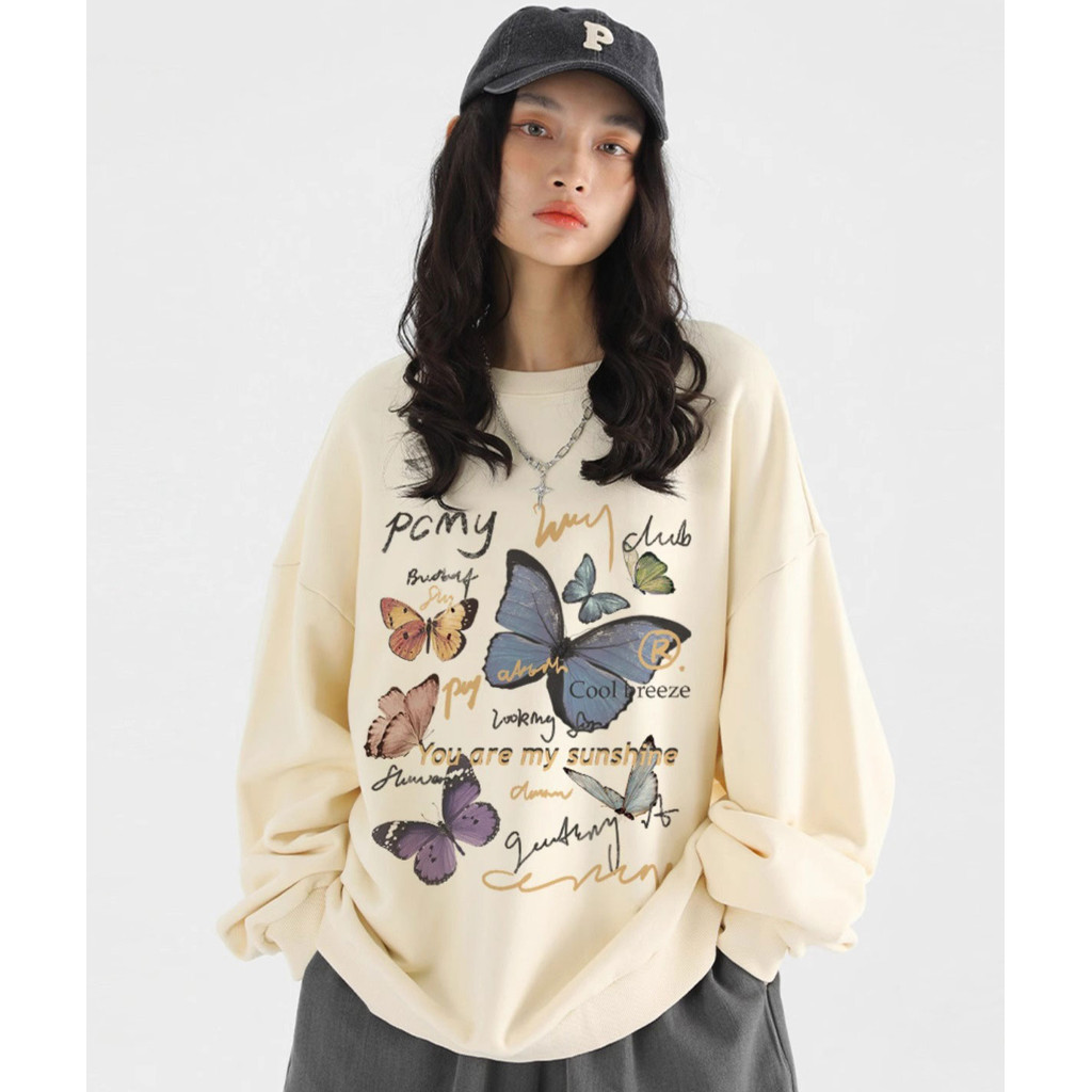 COD（พร้อมส่งจากกรุงเทพ） เสื้อกันหนาวแขนยาว เสื้อยืดคอกลมพิมพ์ลาย เสื้อเชิ้ตลำลองทรงหลวมใส่สบาย ลายผีเสื้อ M-XXXL